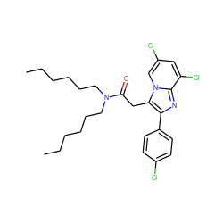 CCCCCCN(CCCCCC)C(=O)Cc1c(-c2ccc(Cl)cc2)nc2c(Cl)cc(Cl)cn12 ZINC000013607335