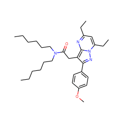 CCCCCCN(CCCCCC)C(=O)Cc1c(-c2ccc(OC)cc2)nn2c(CC)cc(CC)nc12 ZINC000653894819