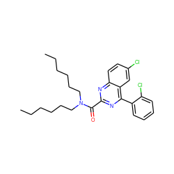 CCCCCCN(CCCCCC)C(=O)c1nc(-c2ccccc2Cl)c2cc(Cl)ccc2n1 ZINC000084688846