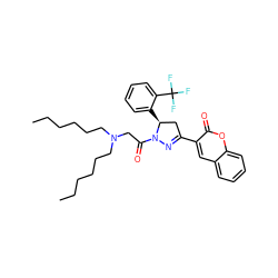 CCCCCCN(CCCCCC)CC(=O)N1N=C(c2cc3ccccc3oc2=O)C[C@@H]1c1ccccc1C(F)(F)F ZINC000653721789