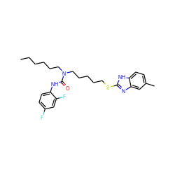 CCCCCCN(CCCCCSc1nc2cc(C)ccc2[nH]1)C(=O)Nc1ccc(F)cc1F ZINC000029417550