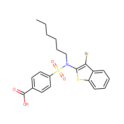 CCCCCCN(c1sc2ccccc2c1Br)S(=O)(=O)c1ccc(C(=O)O)cc1 ZINC000115235748