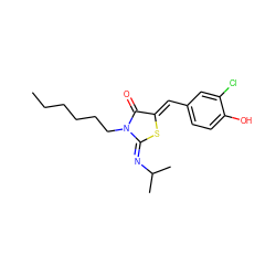 CCCCCCN1C(=O)/C(=C/c2ccc(O)c(Cl)c2)S/C1=N\C(C)C ZINC000049069756