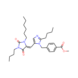 CCCCCCN1C(=O)N(CCCC)C(=O)/C1=C/c1cnc(CCCC)n1Cc1ccc(C(=O)OC)cc1 ZINC000013743385