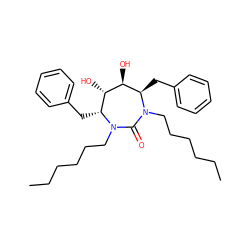 CCCCCCN1C(=O)N(CCCCCC)[C@H](Cc2ccccc2)[C@H](O)[C@@H](O)[C@H]1Cc1ccccc1 ZINC000013604420