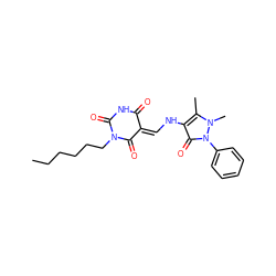 CCCCCCN1C(=O)NC(=O)/C(=C\Nc2c(C)n(C)n(-c3ccccc3)c2=O)C1=O ZINC000100463704