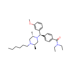 CCCCCCN1C[C@H](C)N([C@H](c2ccc(C(=O)N(CC)CC)cc2)c2cccc(OC)c2)C[C@H]1C ZINC000022939649