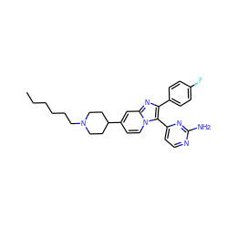 CCCCCCN1CCC(c2ccn3c(-c4ccnc(N)n4)c(-c4ccc(F)cc4)nc3c2)CC1 ZINC000040975034