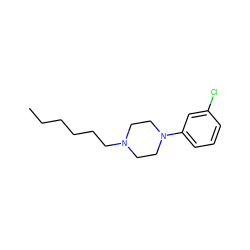 CCCCCCN1CCN(c2cccc(Cl)c2)CC1 ZINC000004054449