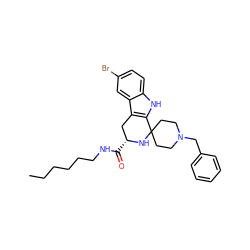 CCCCCCNC(=O)[C@@H]1Cc2c([nH]c3ccc(Br)cc23)C2(CCN(Cc3ccccc3)CC2)N1 ZINC000049626049