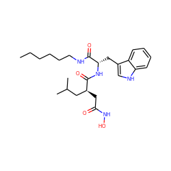 CCCCCCNC(=O)[C@H](Cc1c[nH]c2ccccc12)NC(=O)[C@@H](CC(=O)NO)CC(C)C ZINC000029216927