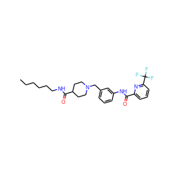 CCCCCCNC(=O)C1CCN(Cc2cccc(NC(=O)c3cccc(C(F)(F)F)n3)c2)CC1 ZINC001772593324