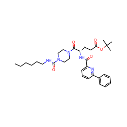 CCCCCCNC(=O)N1CCN(C(=O)[C@H](CCC(=O)OC(C)(C)C)NC(=O)c2cccc(-c3ccccc3)n2)CC1 ZINC000049757166