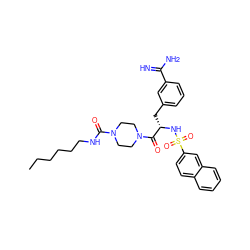 CCCCCCNC(=O)N1CCN(C(=O)[C@H](Cc2cccc(C(=N)N)c2)NS(=O)(=O)c2ccc3ccccc3c2)CC1 ZINC000299854834