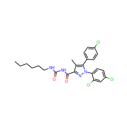 CCCCCCNC(=O)NC(=O)c1nn(-c2ccc(Cl)cc2Cl)c(-c2ccc(Cl)cc2)c1C ZINC000040395507