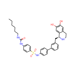 CCCCCCNC(=O)Nc1ccc(S(=O)(=O)Nc2ccc(-c3cccc(C[C@@H]4NCCc5cc(O)c(O)cc54)c3)cc2)cc1 ZINC000026389351