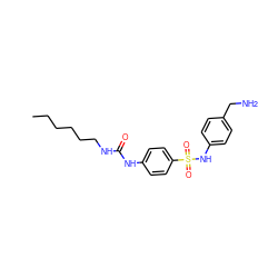 CCCCCCNC(=O)Nc1ccc(S(=O)(=O)Nc2ccc(CN)cc2)cc1 ZINC000049014192