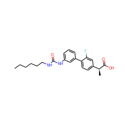 CCCCCCNC(=O)Nc1cccc(-c2ccc([C@H](C)C(=O)O)cc2F)c1 ZINC000653723612