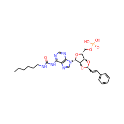 CCCCCCNC(=O)Nc1ncnc2c1ncn2[C@@H]1O[C@H](COP(=O)(O)O)[C@H]2O[C@@H](/C=C/c3ccccc3)O[C@H]21 ZINC000029134891