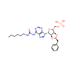 CCCCCCNC(=O)Nc1ncnc2c1ncn2[C@@H]1O[C@H](COP(=O)(O)O)[C@H]2O[C@@H](Cc3ccccc3)O[C@H]21 ZINC000029135158