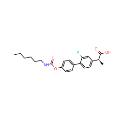 CCCCCCNC(=O)Oc1ccc(-c2ccc([C@H](C)C(=O)O)cc2F)cc1 ZINC000653723663