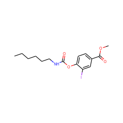 CCCCCCNC(=O)Oc1ccc(C(=O)OC)cc1I ZINC000042966450