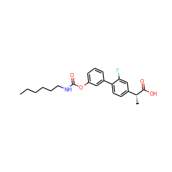 CCCCCCNC(=O)Oc1cccc(-c2ccc([C@@H](C)C(=O)O)cc2F)c1 ZINC000143640041