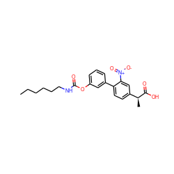 CCCCCCNC(=O)Oc1cccc(-c2ccc([C@H](C)C(=O)O)cc2[N+](=O)[O-])c1 ZINC000653738998