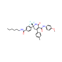 CCCCCCNC(=O)c1ccc([C@@]2(C(F)(F)F)CC(c3ccc(C)cc3)=C(C(=O)Nc3ccc(OC)cc3)C(=O)N2)cc1 ZINC001772628196