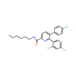 CCCCCCNC(=O)c1ccc(-c2ccc(Cl)cc2)c(-c2ccc(Cl)cc2Cl)n1 ZINC000028333871