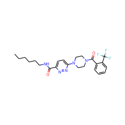 CCCCCCNC(=O)c1ccc(N2CCN(C(=O)c3ccccc3C(F)(F)F)CC2)nn1 ZINC000095594489