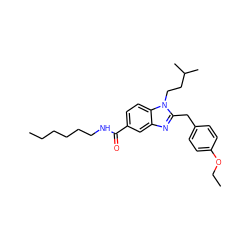 CCCCCCNC(=O)c1ccc2c(c1)nc(Cc1ccc(OCC)cc1)n2CCC(C)C ZINC001772618730