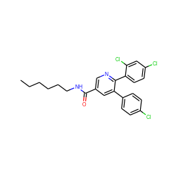 CCCCCCNC(=O)c1cnc(-c2ccc(Cl)cc2Cl)c(-c2ccc(Cl)cc2)c1 ZINC000028135488