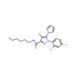 CCCCCCNC(=O)c1nn(-c2ccc(Cl)cc2Cl)c(-n2cccc2)c1C ZINC000066258599