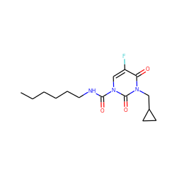 CCCCCCNC(=O)n1cc(F)c(=O)n(CC2CC2)c1=O ZINC000095586711