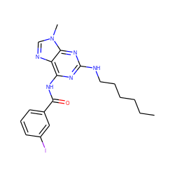 CCCCCCNc1nc(NC(=O)c2cccc(I)c2)c2ncn(C)c2n1 ZINC000029467060