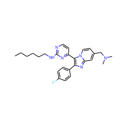 CCCCCCNc1nccc(-c2c(-c3ccc(F)cc3)nc3cc(CN(C)C)ccn23)n1 ZINC000028963570