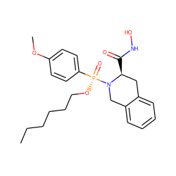 CCCCCCO[P@@](=O)(c1ccc(OC)cc1)N1Cc2ccccc2C[C@@H]1C(=O)NO ZINC000013472476