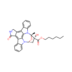 CCCCCCOC(=O)[C@@]1(O)C[C@H]2O[C@]1(C)n1c3ccccc3c3c4c(c5c6ccccc6n2c5c31)C(=O)NC4 ZINC000063308340