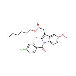 CCCCCCOC(=O)Cc1c(C)n(C(=O)c2ccc(Cl)cc2)c2ccc(OC)cc12 ZINC000026732644