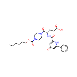 CCCCCCOC(=O)N1CCN(C(=O)[C@H](CCC(=O)O)NC(=O)c2cc(=O)cc(-c3ccccc3)[nH]2)CC1 ZINC000049763175