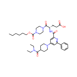 CCCCCCOC(=O)N1CCN(C(=O)[C@H](CCC(=O)O)NC(=O)c2cc(N3CCC(C(=O)N(CC)CC)CC3)cc(-c3ccccc3)n2)CC1 ZINC000049763028