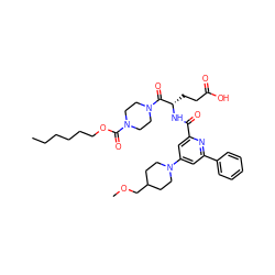 CCCCCCOC(=O)N1CCN(C(=O)[C@H](CCC(=O)O)NC(=O)c2cc(N3CCC(COC)CC3)cc(-c3ccccc3)n2)CC1 ZINC000049614726