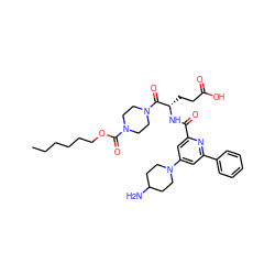 CCCCCCOC(=O)N1CCN(C(=O)[C@H](CCC(=O)O)NC(=O)c2cc(N3CCC(N)CC3)cc(-c3ccccc3)n2)CC1 ZINC000049745777