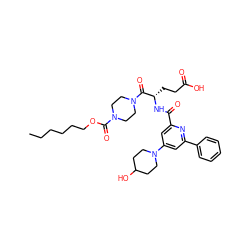 CCCCCCOC(=O)N1CCN(C(=O)[C@H](CCC(=O)O)NC(=O)c2cc(N3CCC(O)CC3)cc(-c3ccccc3)n2)CC1 ZINC000095615491