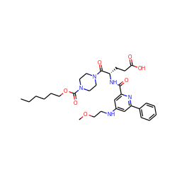 CCCCCCOC(=O)N1CCN(C(=O)[C@H](CCC(=O)O)NC(=O)c2cc(NCCOC)cc(-c3ccccc3)n2)CC1 ZINC000049745639