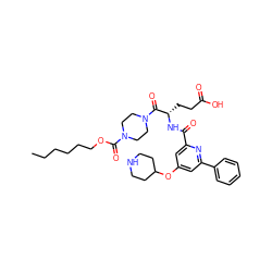 CCCCCCOC(=O)N1CCN(C(=O)[C@H](CCC(=O)O)NC(=O)c2cc(OC3CCNCC3)cc(-c3ccccc3)n2)CC1 ZINC000049756792