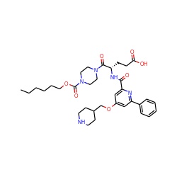 CCCCCCOC(=O)N1CCN(C(=O)[C@H](CCC(=O)O)NC(=O)c2cc(OCC3CCNCC3)cc(-c3ccccc3)n2)CC1 ZINC000049757251