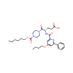 CCCCCCOC(=O)N1CCN(C(=O)[C@H](CCC(=O)O)NC(=O)c2cc(OCCCC)cc(-c3ccccc3)n2)CC1 ZINC000049757290