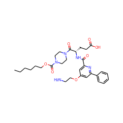 CCCCCCOC(=O)N1CCN(C(=O)[C@H](CCC(=O)O)NC(=O)c2cc(OCCN)cc(-c3ccccc3)n2)CC1 ZINC000049746393